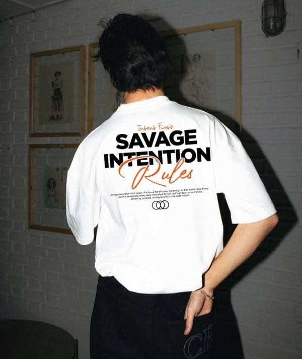 White oversized T-shirt with a bold orange and black back graphic