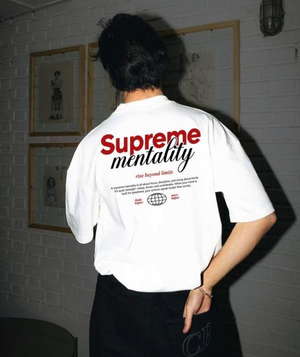 White oversized T-shirt with a red and black statement back print
